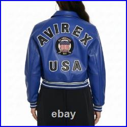 Avirex Women's Cropped USA Icon Leather Jacket Bomber Jacket Genuine Cowhide