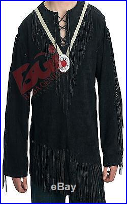 BABA GENIUSE Men's Suede Western Cowboy Leather Shirt with Fringe and Beads