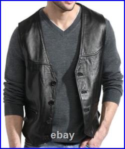 BLACK Vest Coat Waistcoat Button Jacket Men Original Lambskin Leather Western BLACK Vest Coat Waistcoat Button Jacket Men Original Lambskin Leather Western