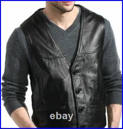 BLACK Vest Coat Waistcoat Button Jacket Men Original Lambskin Leather Western BLACK Vest Coat Waistcoat Button Jacket Men Original Lambskin Leather Western