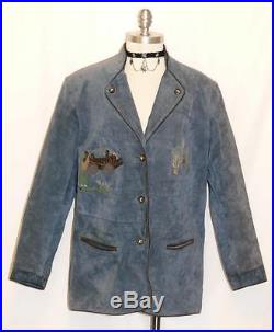 BLUE LEATHER JACKET Coat German Women Hunting EMBROIDERY Western Eu 44 B46 16 L