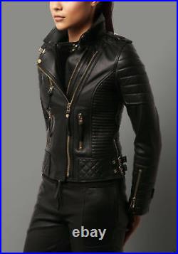 BRAND NEW Women's Genuine Lambskin Real Leather Jacket Black Stylish Biker Coat