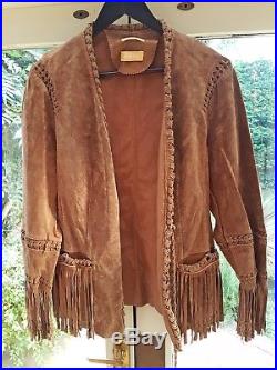 Biba Tan Vintage Native American Leather Fringe Beaded Western Boho Jacket