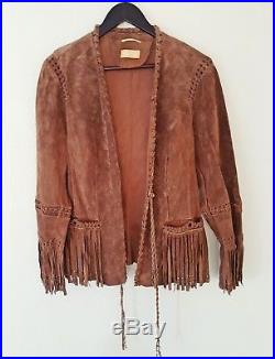 Biba Tan Vintage Native American Leather Fringe Beaded Western Boho Jacket