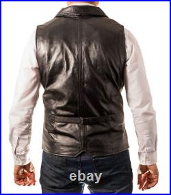 Black 100%Orignal Lambskin Western Vest Coat Jacket Leather Men Button Waistcoat