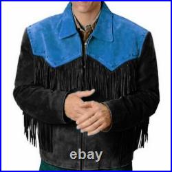 Black & Blue Fringe Western Wear Suede Leather Coat Jacket Native American Style