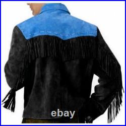 Black & Blue Fringe Western Wear Suede Leather Coat Jacket Native American Style