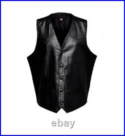 Black Button Jacket Men Lambskin Leather Western Vest Coat Waistcoat Classic