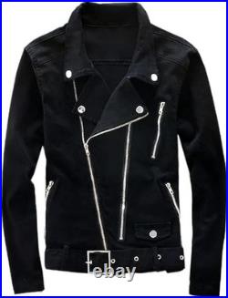 Black Denim Biker Jacket Slim Fit Motorcycle Punk Rock Style Belted Brando Coat Black Denim Biker Jacket Slim Fit Motorcycle Punk Rock Style Belted Brando Coat