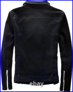Black Denim Biker Jacket Slim Fit Motorcycle Punk Rock Style Belted Brando Coat Black Denim Biker Jacket Slim Fit Motorcycle Punk Rock Style Belted Brando Coat
