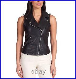 Black Jacket Western Button Vest Coat Lambskin Leather Classic Women Waistcoat