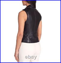 Black Jacket Western Button Vest Coat Lambskin Leather Classic Women Waistcoat