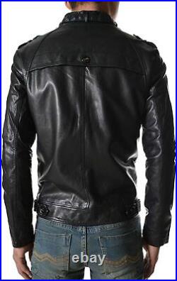 Black Leather Jacket 100% Men's Genuine Lambskin Stand Collar Biker Western Coat