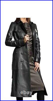 Black Leather Trench Coat Women's Genuine Lambskin Winter Long Overcoat Jacket