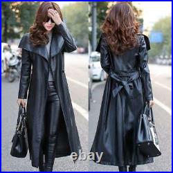 Black Leather Trench Coat Women's Genuine Lambskin Winter Long Overcoat Jacket