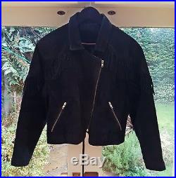 Black Metal Vintage Motorcycle Leather Fringe Western Suede Jacket Coat Rock 70s