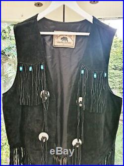 Black Native American Vintage Waistcoat Western Leather Jacket Coat Fringe 80s
