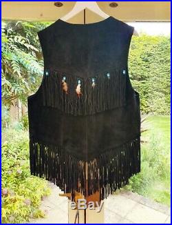Black Native American Vintage Waistcoat Western Leather Jacket Coat Fringe 80s
