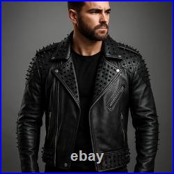Black Spiked Leather Biker Jacket for Men Studded Moto Jacket with Bold Should Black Spiked Leather Biker Jacket for Men Studded Moto Jacket with Bold Should