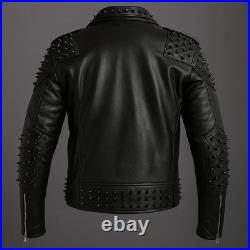 Black Spiked Leather Biker Jacket for Men Studded Moto Jacket with Bold Should Black Spiked Leather Biker Jacket for Men Studded Moto Jacket with Bold Should