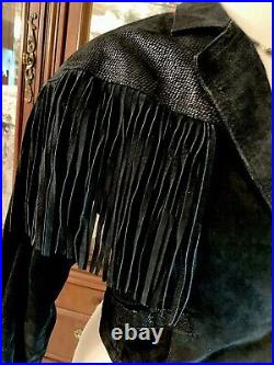 Black Suede Fringe G-III Leather Western Biker Crop Jacket Lace Up S Concho Coat