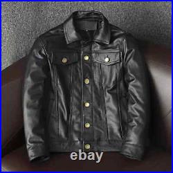 Black Trucker Jacket Men's Button Front Lambskin 100% Leather Shirt Soft Western