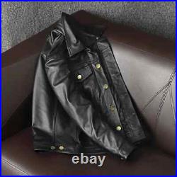 Black Trucker Jacket Men's Button Front Lambskin 100% Leather Shirt Soft Western