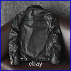 Black Trucker Jacket Men's Button Front Lambskin 100% Leather Shirt Soft Western