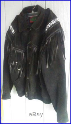 Black Western Cowboy 100% Leather Jacket Native American Coat W Fringe Beaded 46