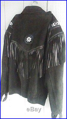 Black Western Cowboy 100% Leather Jacket Native American Coat W Fringe Beaded 46