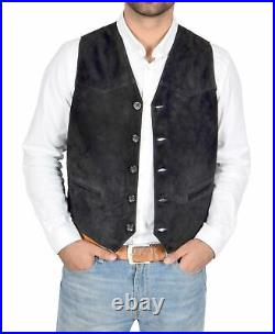 Black Western Vest Coat Men Suede Real Lambskin Leather Jacket Stylish Waistcoat