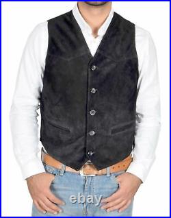 Black Western Vest Coat Men Suede Real Lambskin Leather Jacket Stylish Waistcoat