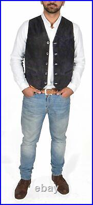 Black Western Vest Coat Men Suede Real Lambskin Leather Jacket Stylish Waistcoat