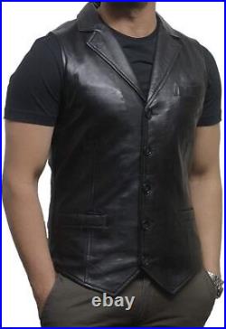 Black Western Waistcoat Lambskin Leather Men Button 100%Orignal Vest Coat Jacket