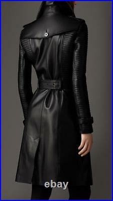 Black Women's Genuine Soft Lambskin Leather Long Overcoat Trench Coat Jacket TC1