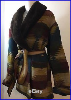 Blue Duck Wool Western Aztec Shearling Collar Belted Coat Womens L Made In USA