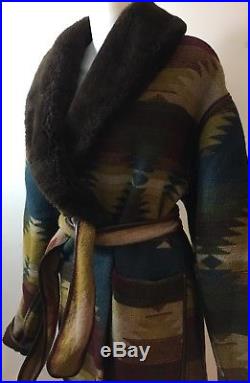 Blue Duck Wool Western Aztec Shearling Collar Belted Coat Womens L Made In USA