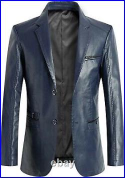 Blue Leather Blazer Men Pure Lambskin Coat Jacket 2 Button Size S M L XL XXL