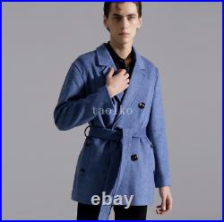 British Double Breasted Button Blazers Coat Lapel Collar Men's Jacket Wool Blend