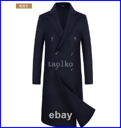 British Double Breasted Woolen Blend Mid Long Trench Coats Jackets Mens Overcoat