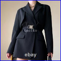 British Lapel Collar Mid Long Blazer Coat Jacket Belt Long Sleeve OL Party Women