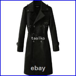 British Mens Double Breasted Long Trench Coat Faux Suede Leather Overcoat Zipper