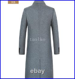 British Mens Double Breasted Woolen Blend Mid Long Trench Coats Jackets Overcoat