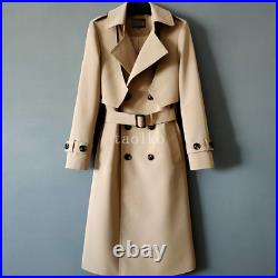 British Style Double Breasted Mens Long Trench Coat Lapel Collar Overcoat Button