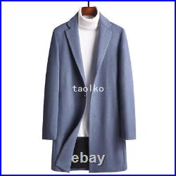 British Style Mens Wool Blend Mid Long Trench Coat Jacket Lapel Collar Overcoats