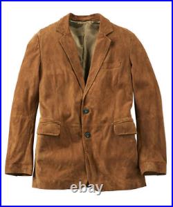 Brown Leather Blazer Men Pure Suede Coat Jacket 2 Button Size S M L XL XXL