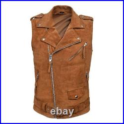 Brown Suede Real Lambskin Leather Men Waistcoat Stylish Western Vest Coat Jacket