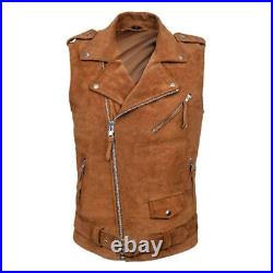 Brown Suede Real Lambskin Leather Men Waistcoat Stylish Western Vest Coat Jacket