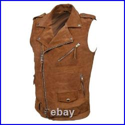 Brown Suede Real Lambskin Leather Men Waistcoat Stylish Western Vest Coat Jacket