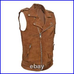 Brown Suede Real Lambskin Leather Men Waistcoat Stylish Western Vest Coat Jacket